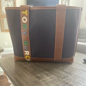 Tory Burch multi stripe multiple compartment tote in navy and leather